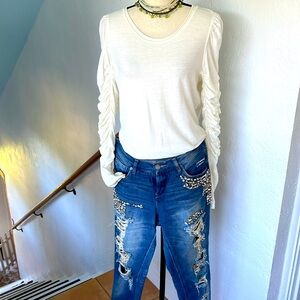 Free People Long Ruched xtra Long‎ Sleeve Cream Colored Tee Shirt Medium